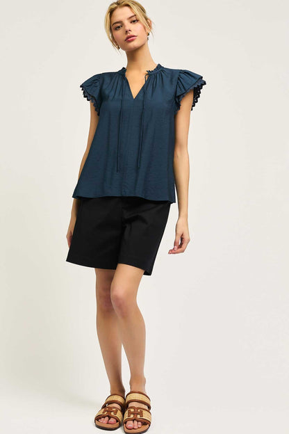 Crochet Detail S/S Blouse in Navy by Current Air