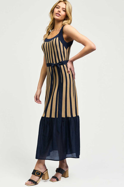 Sleeveless Squared Neck Sweater Dress with Contrast Skirt in navy by Current Air