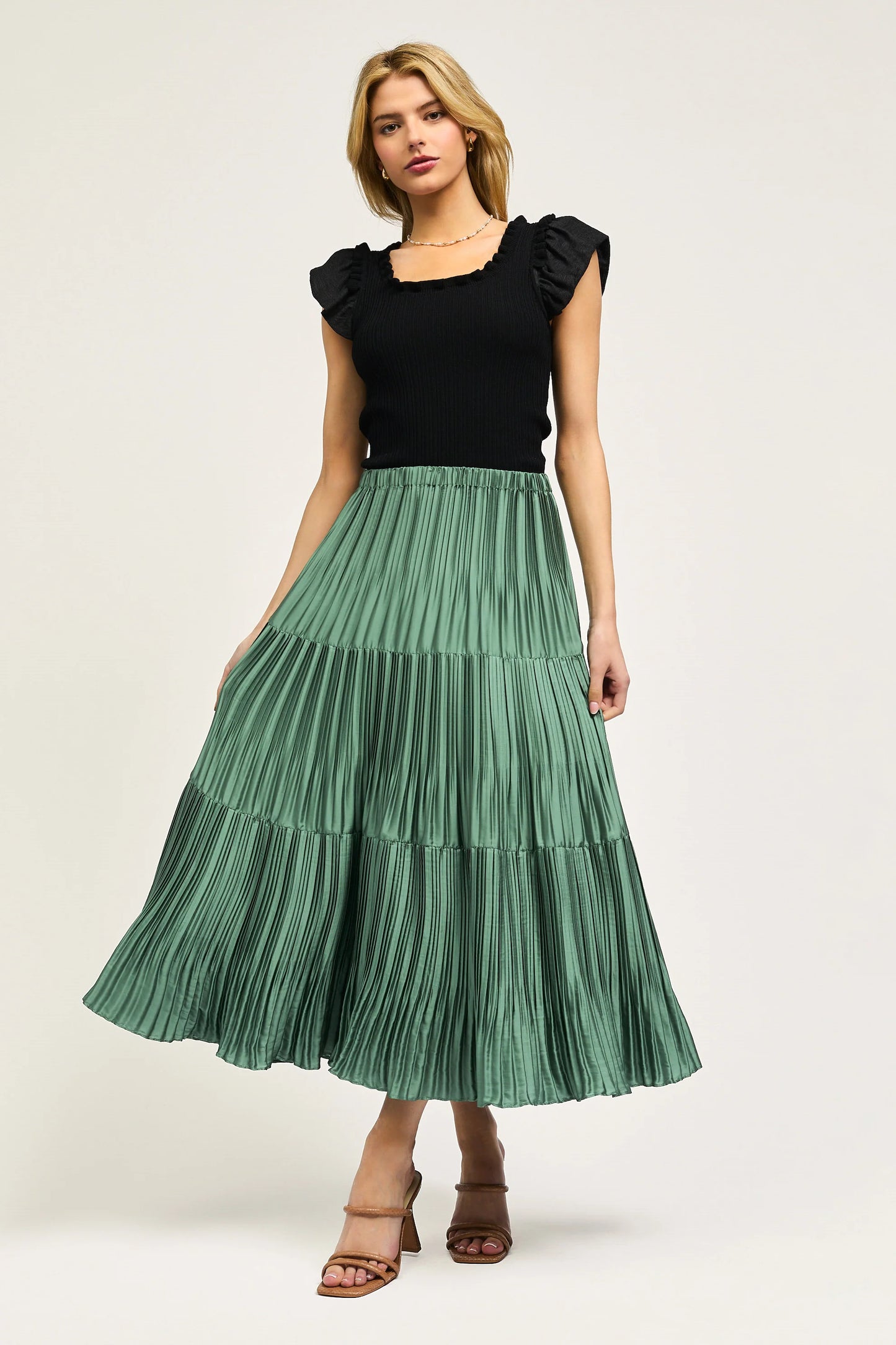 Pleated Midi Skirt in sage green by Current Air