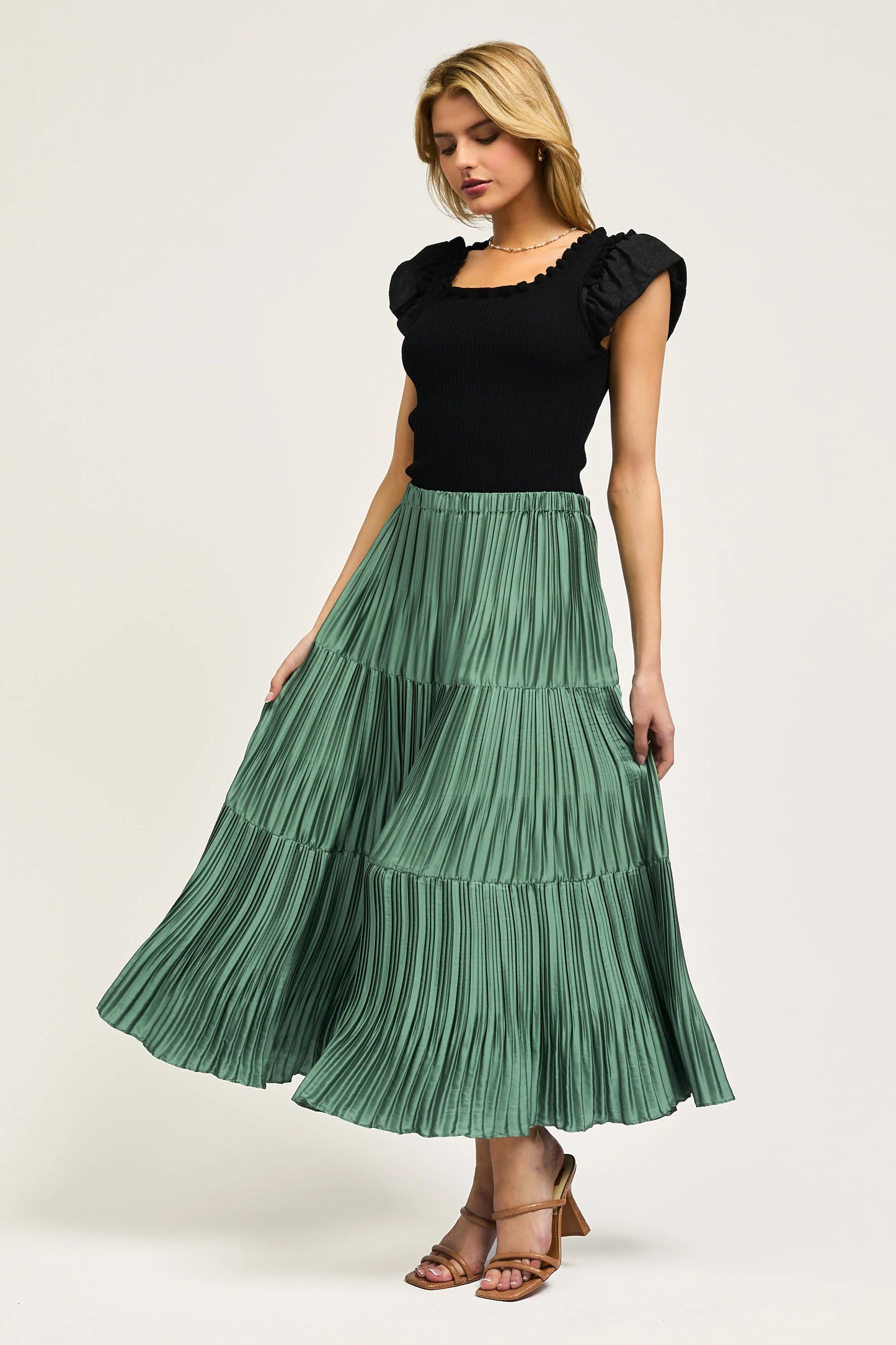 Pleated Midi Skirt in sage green by Current Air