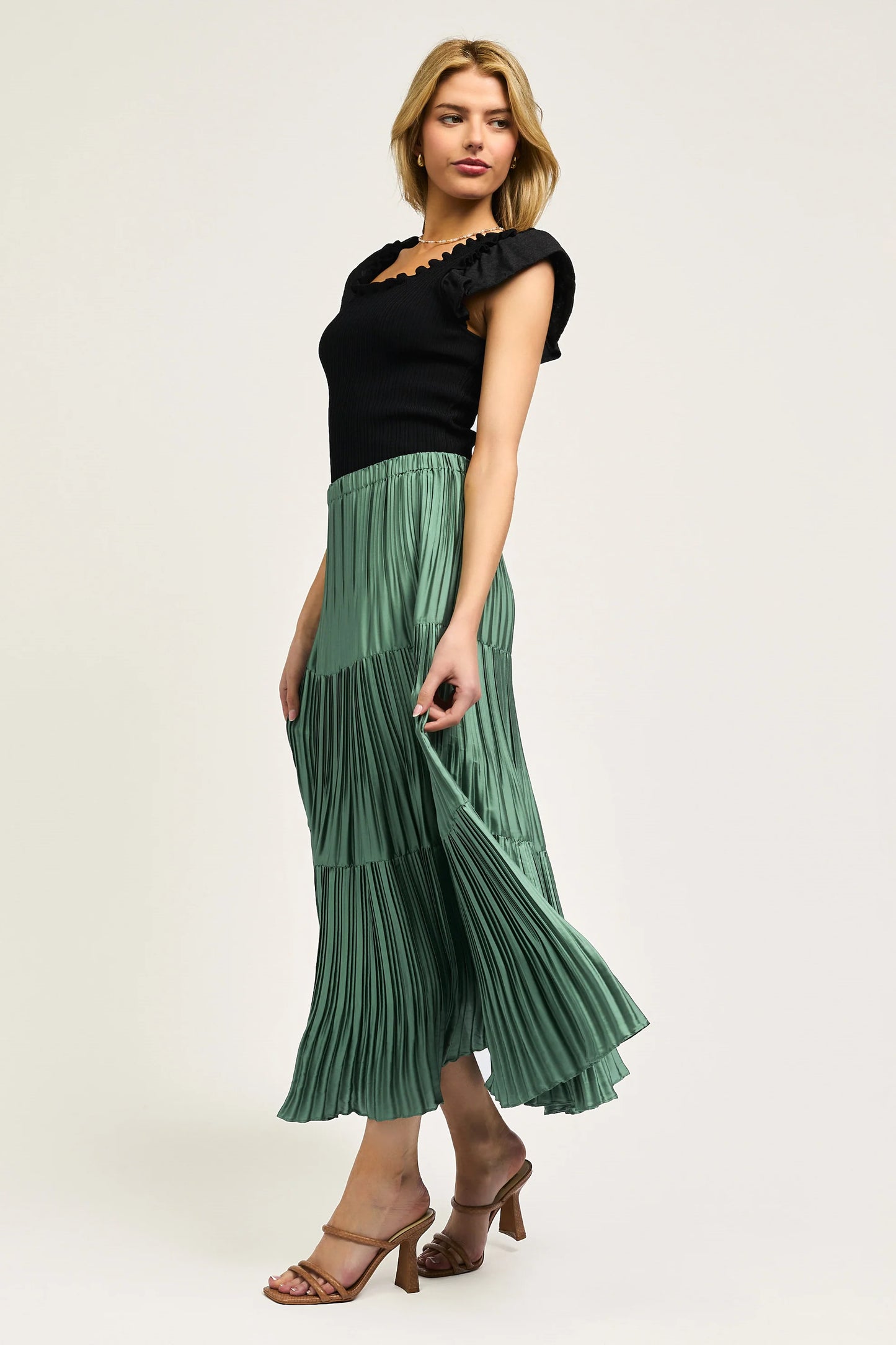 Pleated Midi Skirt in sage green by Current Air