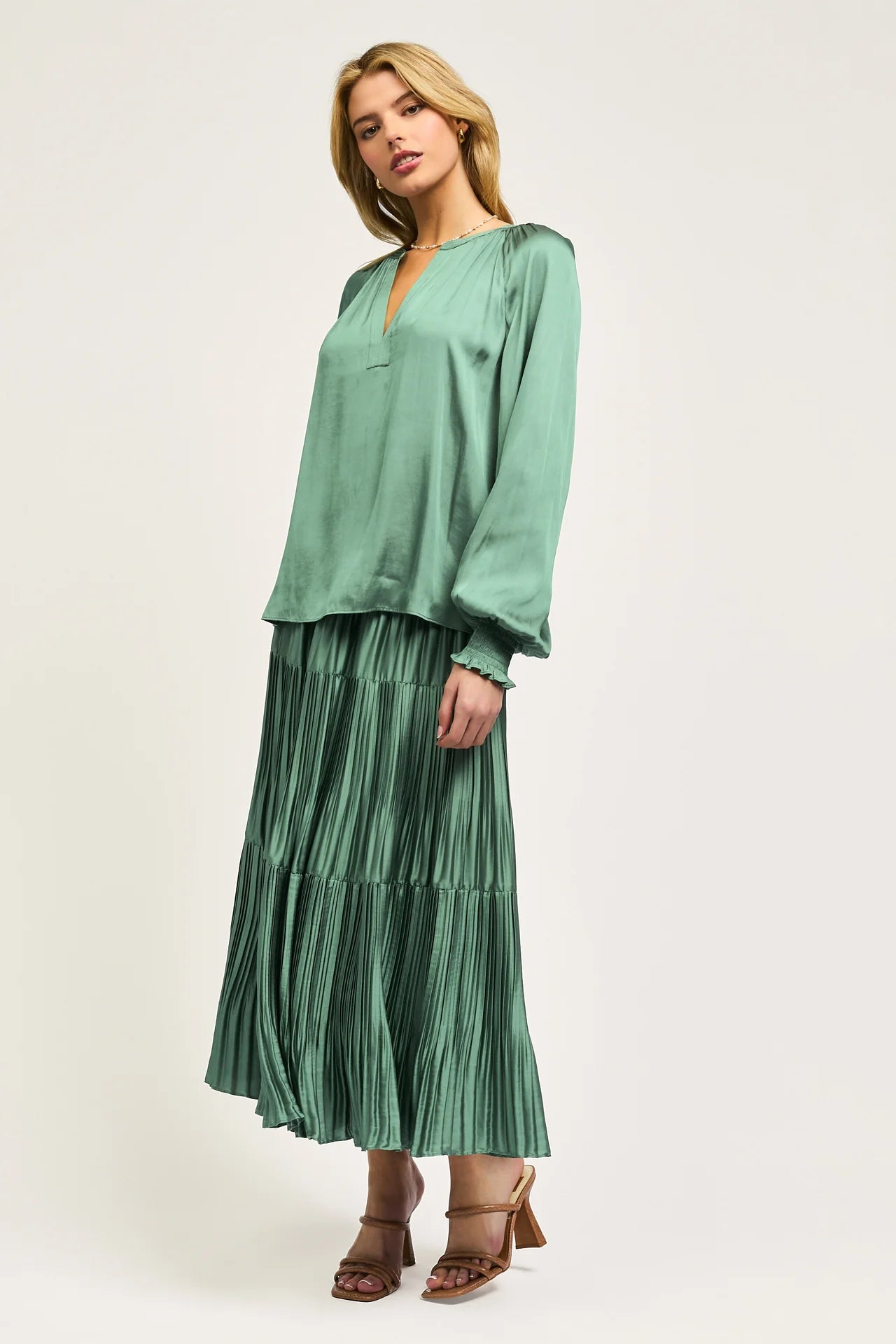 Smocked Cuff Blouse in sage green by Current Air