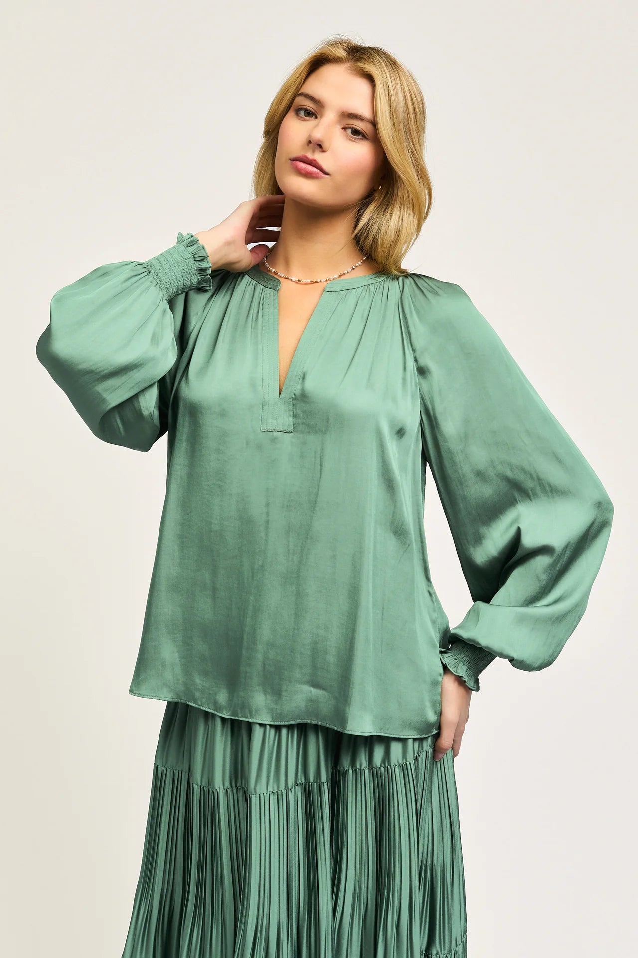 Smocked Cuff Blouse in sage green by Current Air