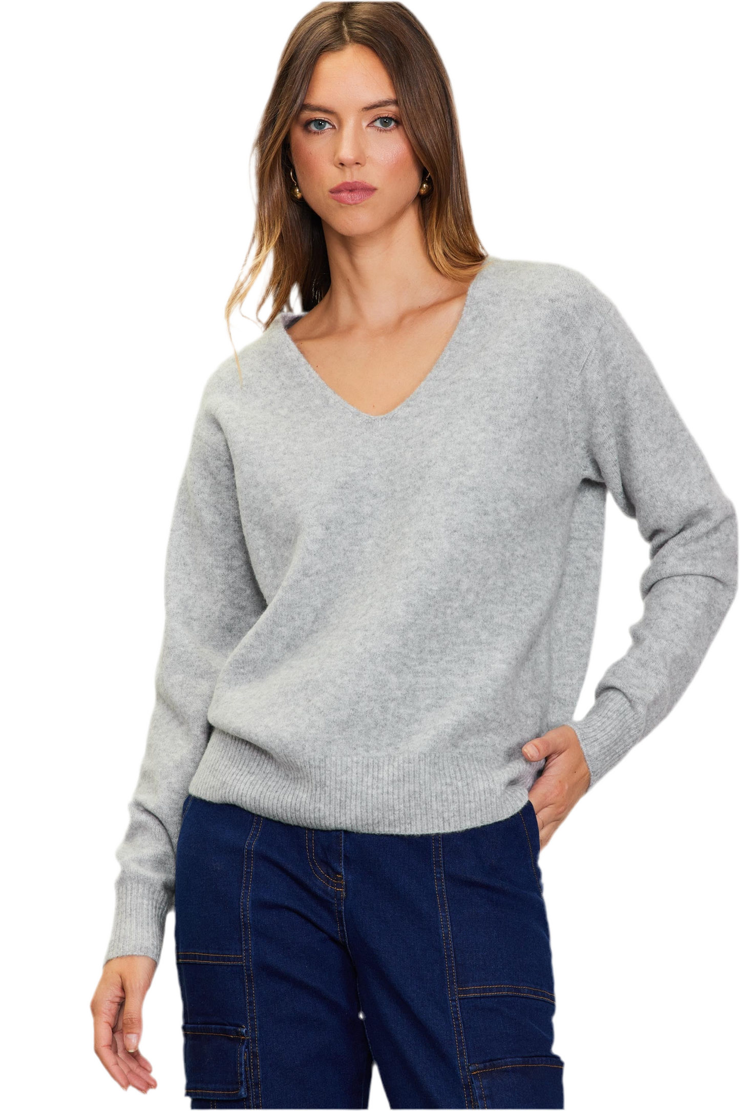 Long Sleeve V Neck Classic Sweater in grey by Skies are Blue