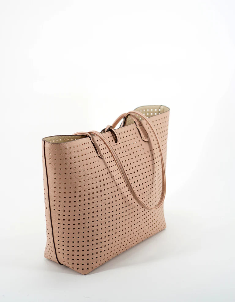 Departure Tote Perforated Square Bag in ballet pink/cream by Remi/Reid