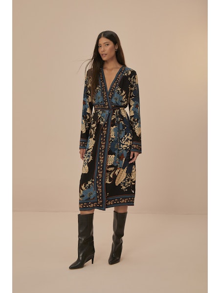 Blossom Tapestry Midi Wrap Dress in black by Farm Rio