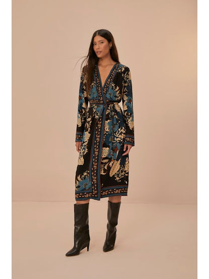 Blossom Tapestry Midi Wrap Dress in black by Farm Rio