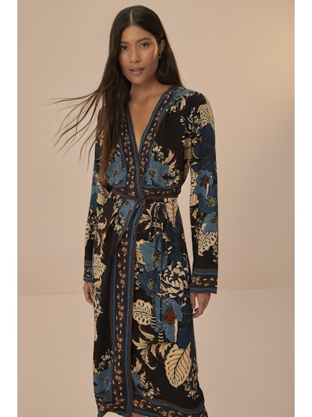 Blossom Tapestry Midi Wrap Dress in black by Farm Rio