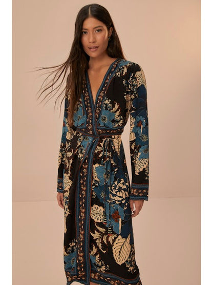 Blossom Tapestry Midi Wrap Dress in black by Farm Rio