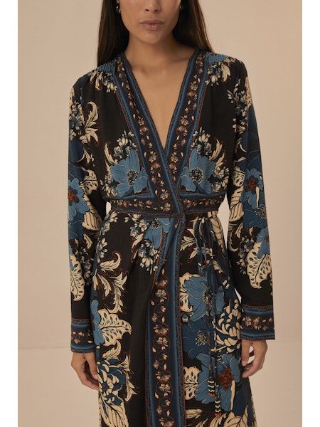 Blossom Tapestry Midi Wrap Dress in black by Farm Rio