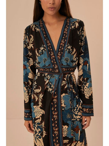 Blossom Tapestry Midi Wrap Dress in black by Farm Rio