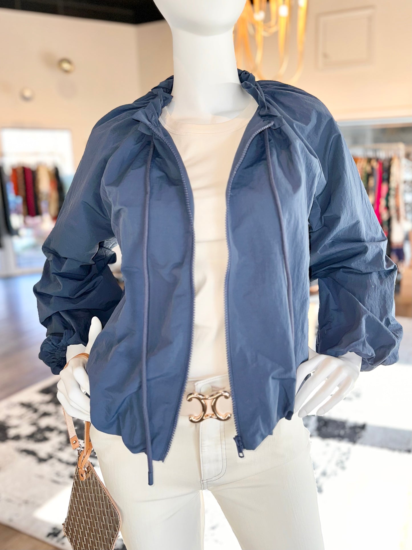 Bubble Hem Jacket in french blue by Current Air