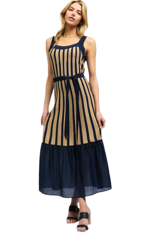 Sleeveless Squared Neck Sweater Dress with Contrast Skirt in navy by Current Air