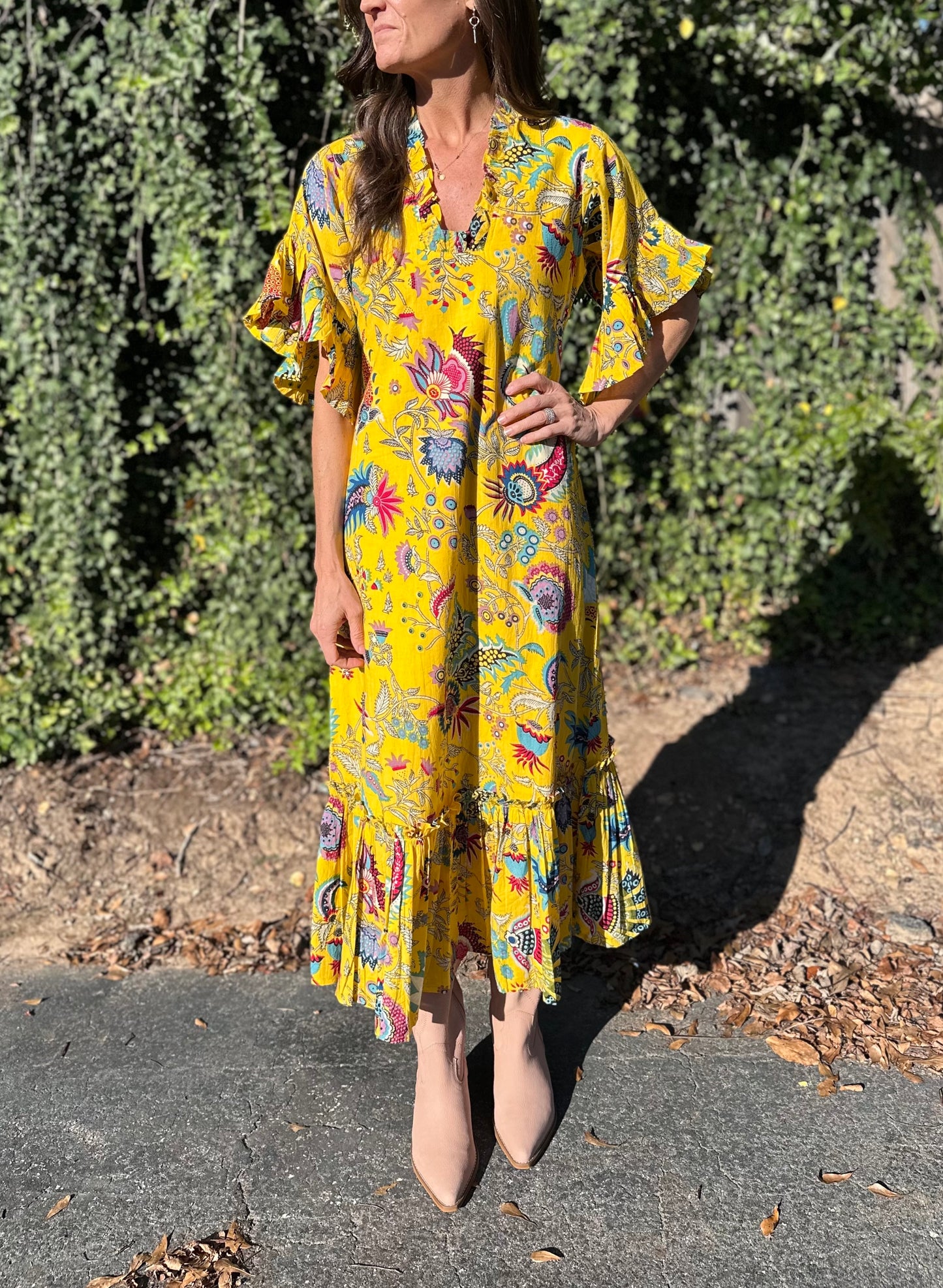 TRUNK SHOW- Soleil Flutter Sleeve Dress in golden garden by Fitzroy & Willa