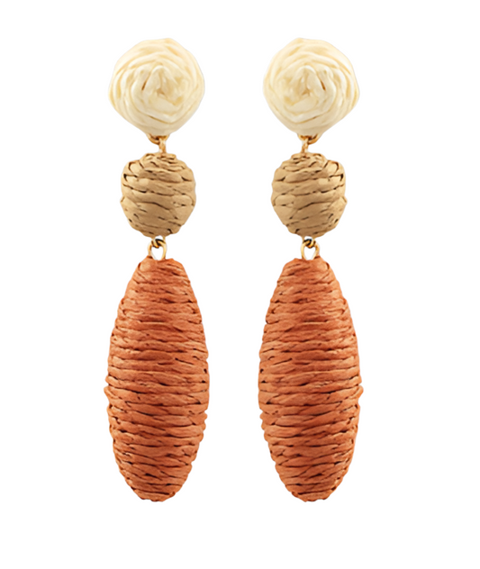 Raffia Ball & Oval Ombre Earrings in brown