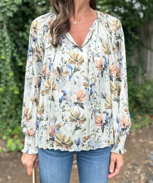 Floral Printed Long Sleeve Blouse in cream by Skies are Blue