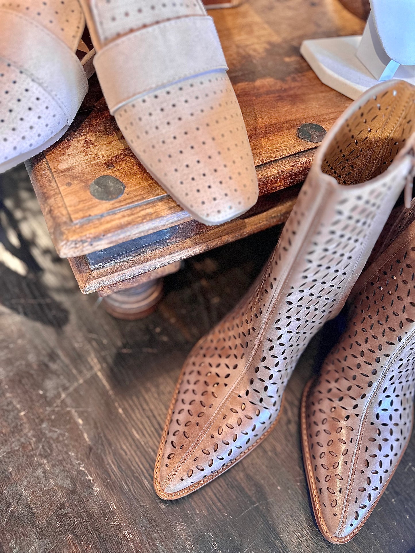 Dahlia Laser Cut Leather Bootie in vintage tan by Matisse