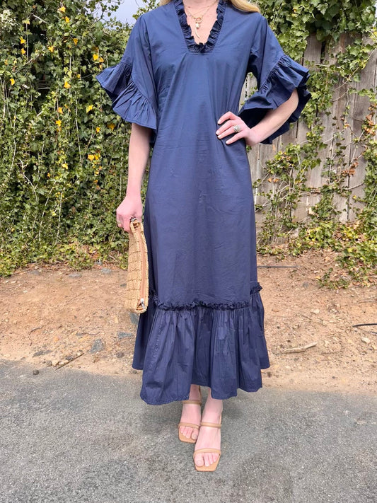 Soleil Poplin Navy Dress in navy by Fitzroy & Willa