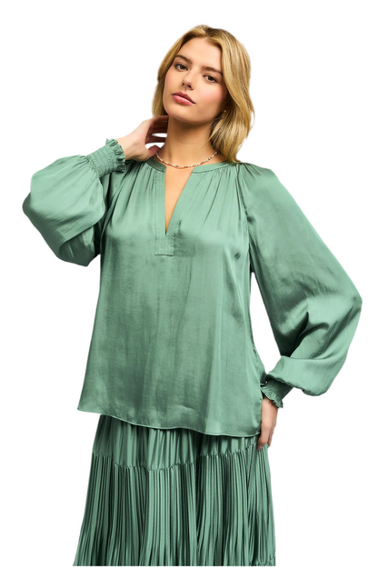 Smocked Cuff Blouse in sage green by Current Air