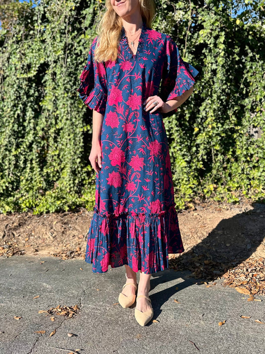 TRUNK SHOW- Soleil Flutter Sleeve Dress in beautiful navy/raspberry by Fitzroy & Willa