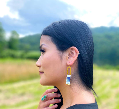 Beaded Handwoven Gingham Earrings in black by Mayana