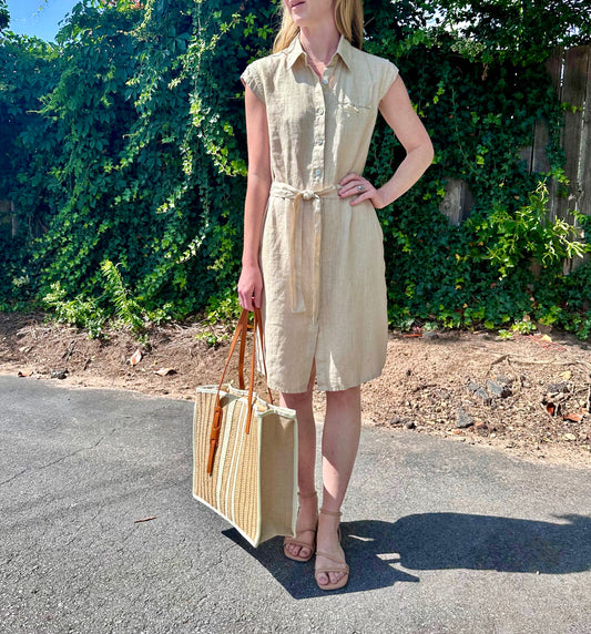 Cap Sleeve Linen Dress in beach by Haris Cotton