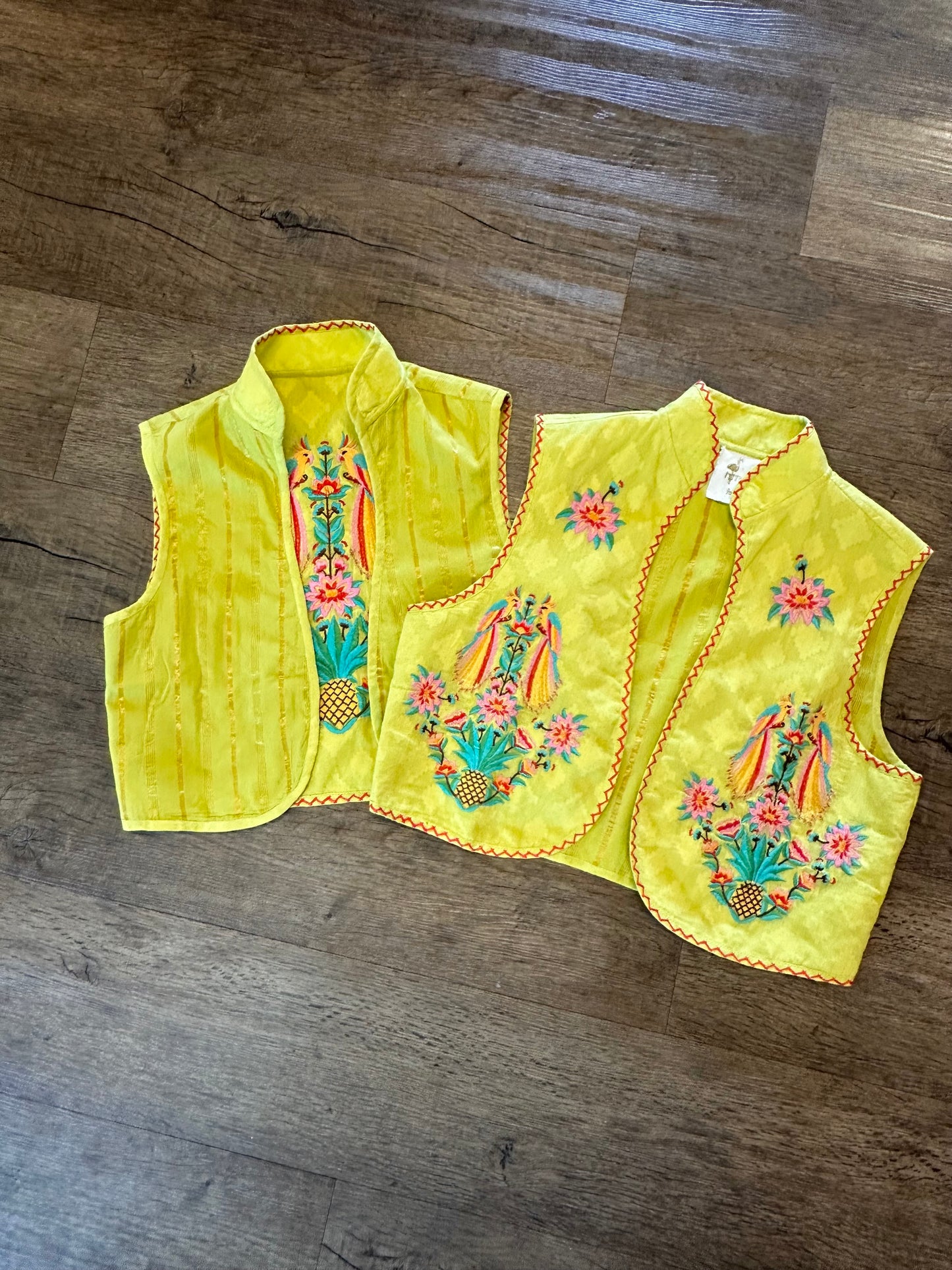 Cumin Vest Parrot Embroidery on Lime Jacquard by Nimo