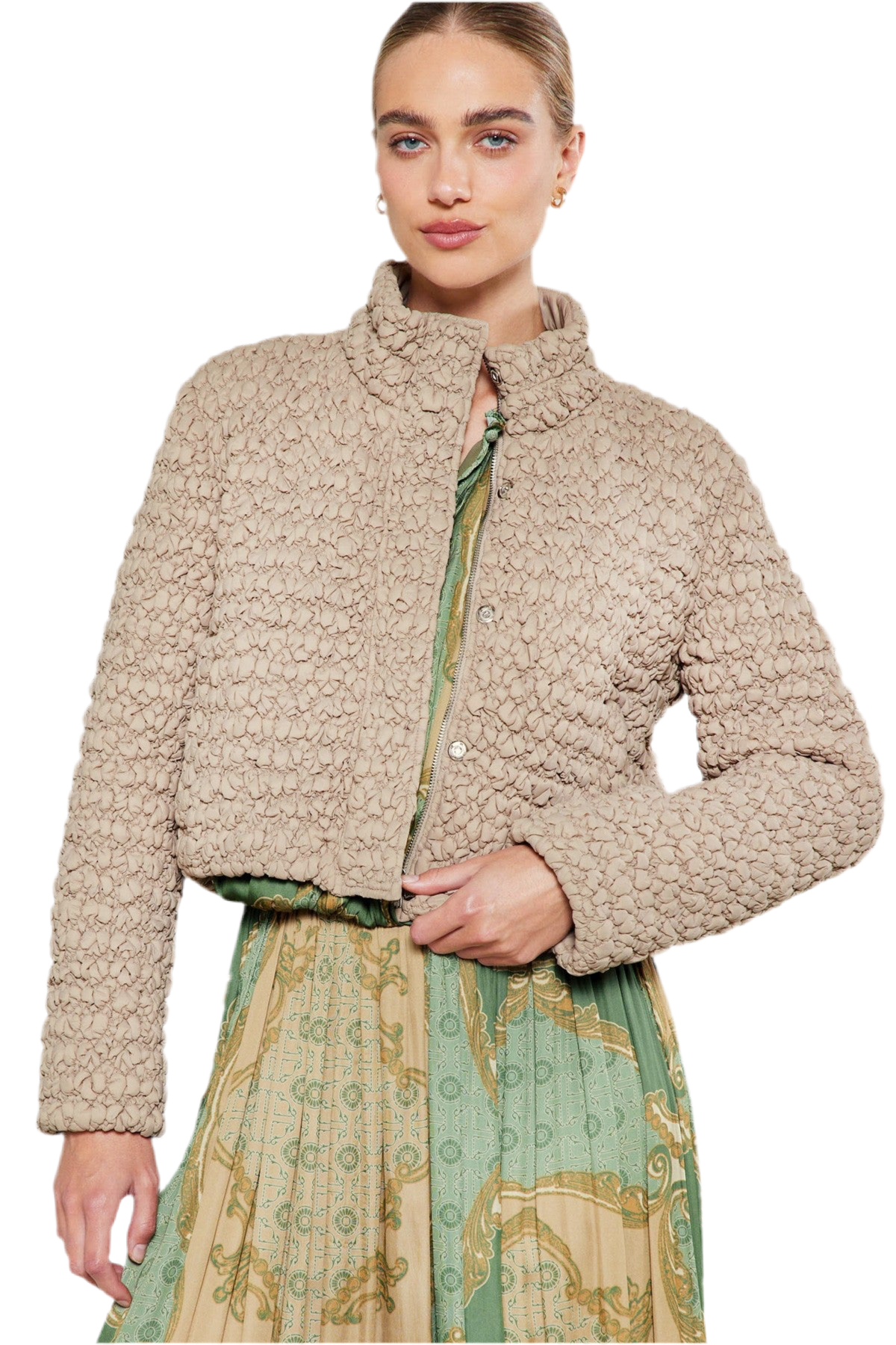 Long Sleeve Quilted Puffer Jacket in taupe by Current Air