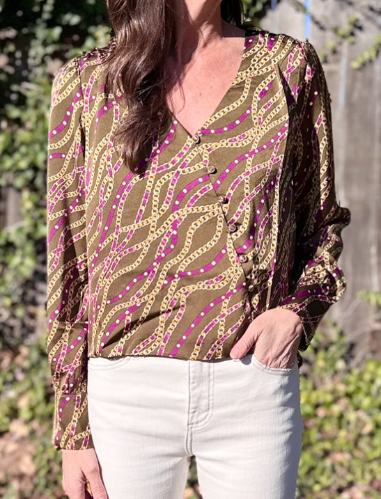 V-Neck Surplus Button Down Printed Blouse in olive/wine by Current Air