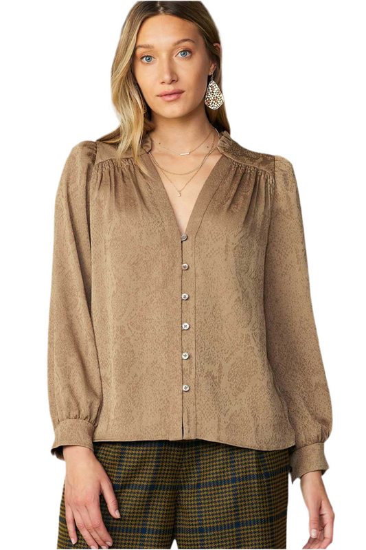 Ruffled Neck & Shoulder Shirring Detail Top in bronze by Current Air