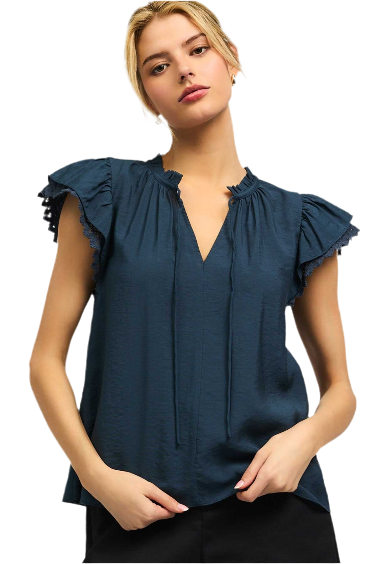 Crochet Detail S/S Blouse in Navy by Current Air