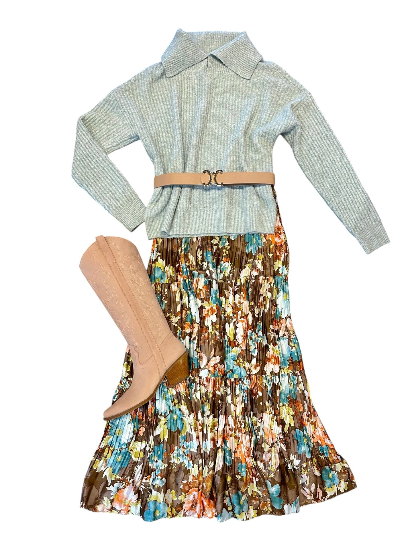 Floral Print Pleated Tiered Maxi Skirt in brown by Current Air