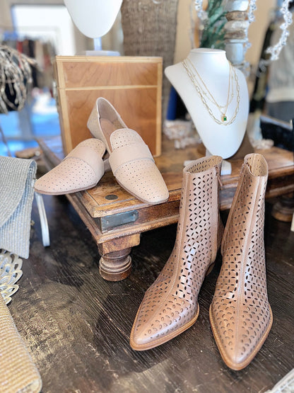 Dahlia Laser Cut Leather Bootie in vintage tan by Matisse