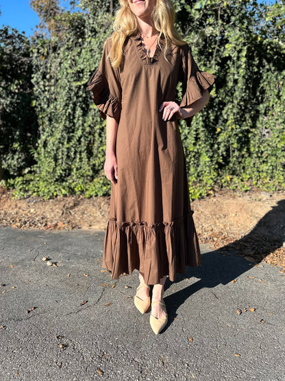 TRUNK SHOW- Soleil Flutter Sleeve Dress in chocolate brown by Fitzroy & Willa