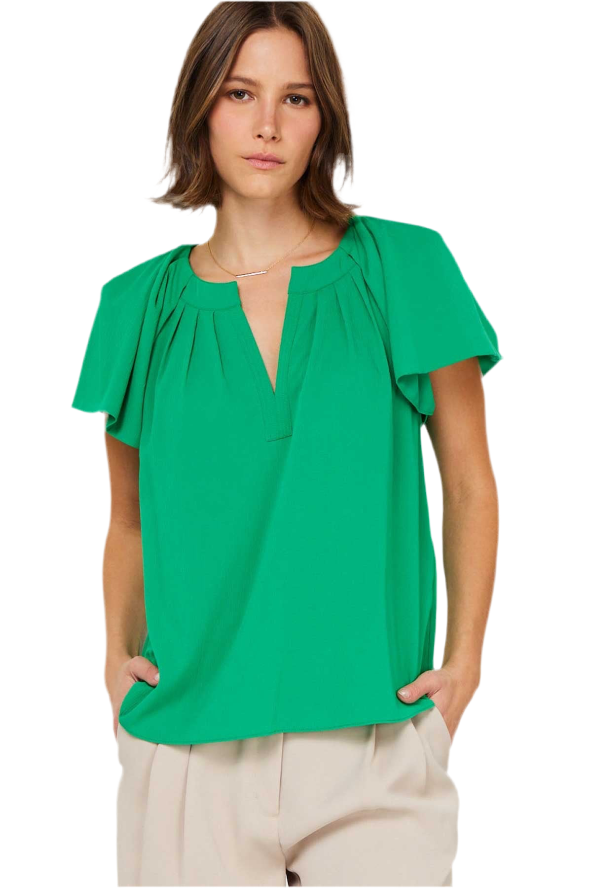 Short Sleeve Split Neck Blouse in jade green by Current Air