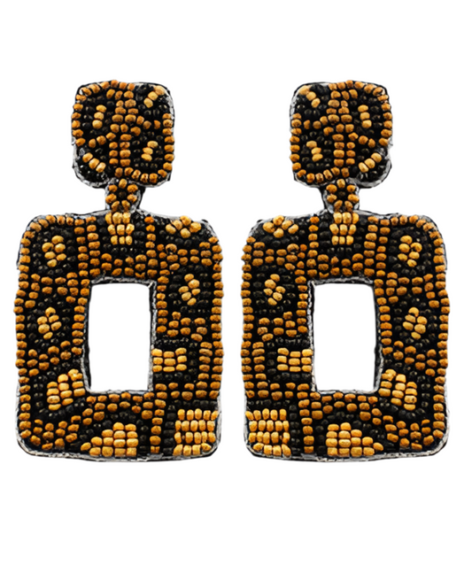 Leopard Bead Rectangle Earrings in brown