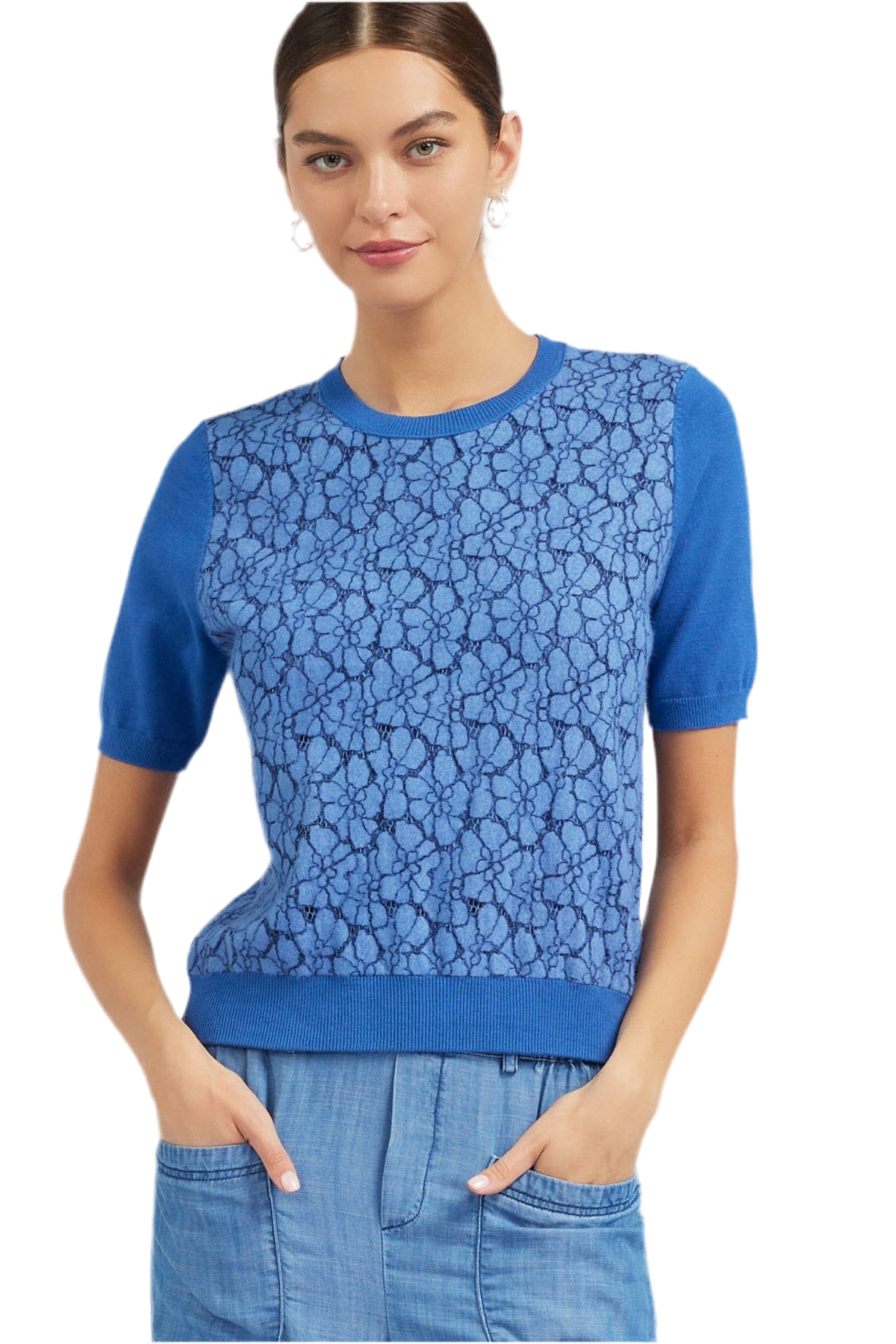 Short Sleeve Lace Overlay Sweater in blue by Current Air