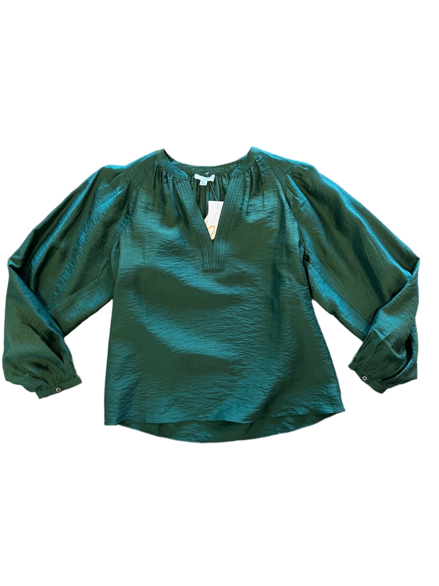 Long Sleeve Split Neck Blouse with Pleat Detail in jewel green by Current Air