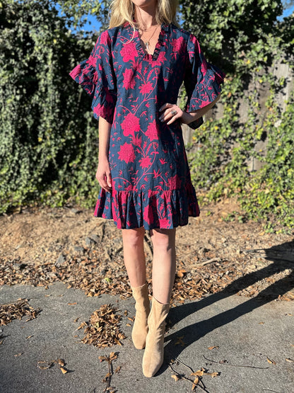 TRUNK SHOW- Soleil Flutter Sleeve Mini Dress in beautiful navy/raspberry by Fitzroy & Willa