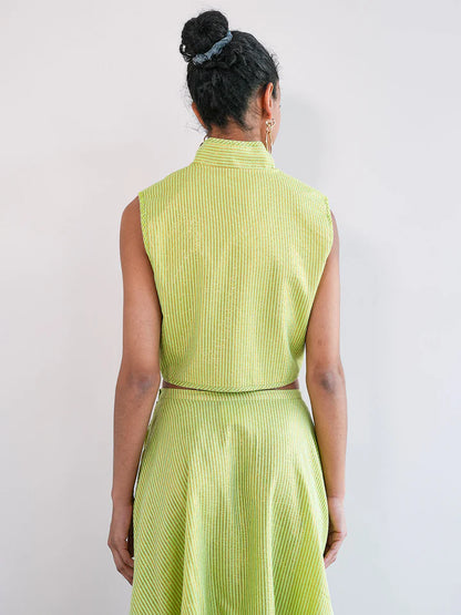 Cumin Vest Parrot Embroidery on Lime Jacquard by Nimo