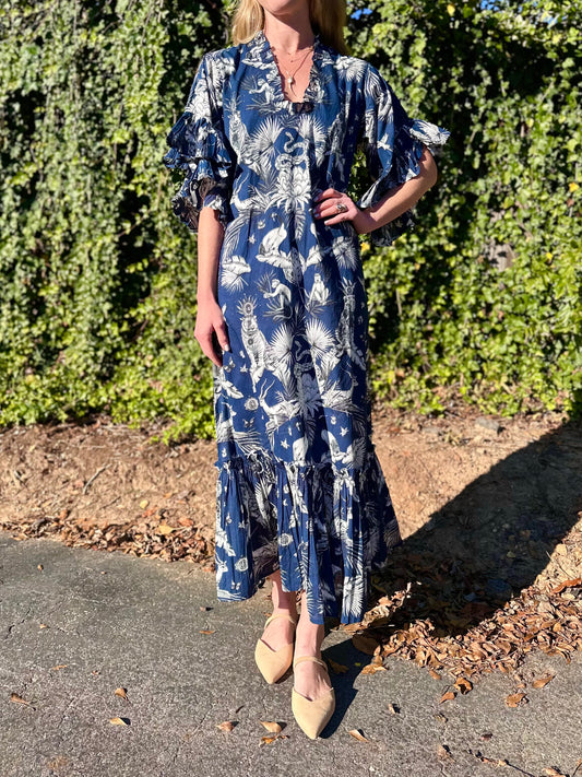 TRUNK SHOW- Soleil Flutter Sleeve Dress in royal tiger navy by Fitzroy & Willa