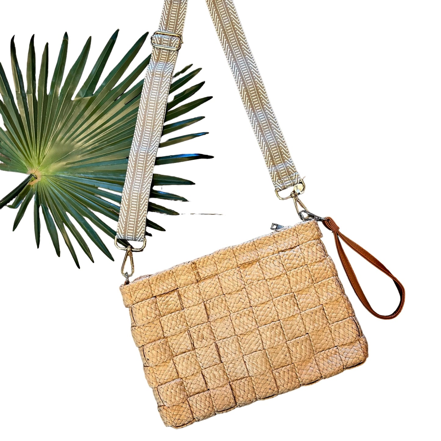 Braided Straw Clutch in khaki