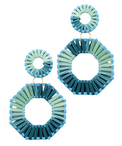 Raffia Circle & Octagon Earrings in teal/multi