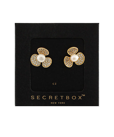 Pave CZ Flower Pearl Stud Earrings in gold by Secretbox