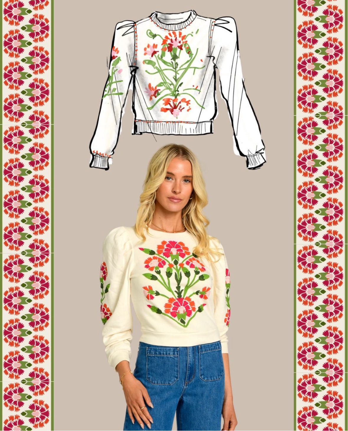 Jasmine Sweatshirt Top in indian flower ivory by Elizabeth James