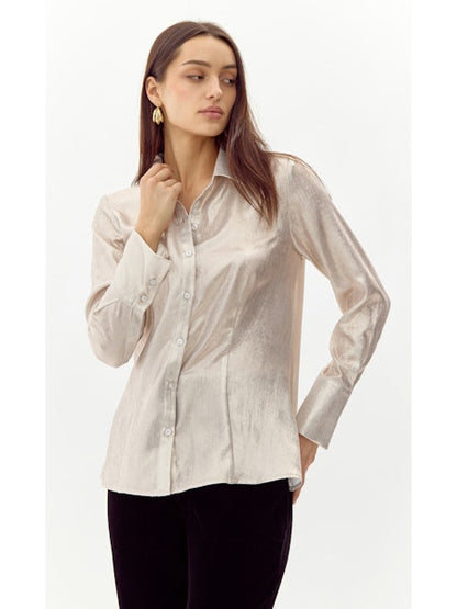 Belmont Slim Metallic Button Down Shirt in champagne by Greylin