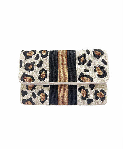 Cheetah & Line Beaded Mini Clutch in ivory