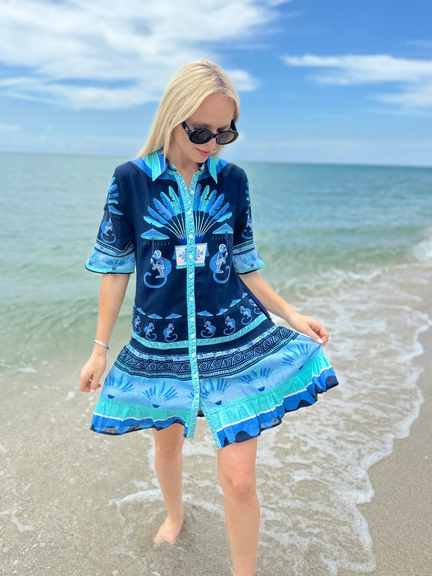 Lisbon Mini Dress in monkey placement navy by Isla Payal