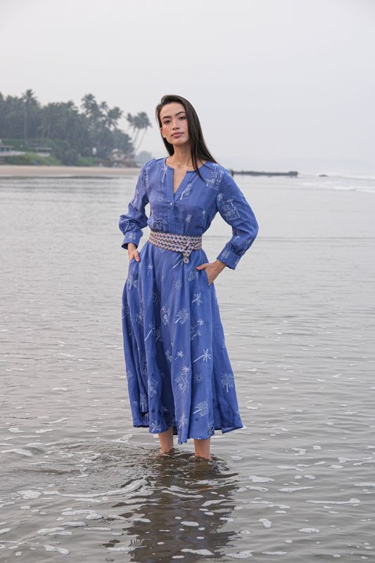 Azurite Maxi Dress in blue village embroidered by Nimo