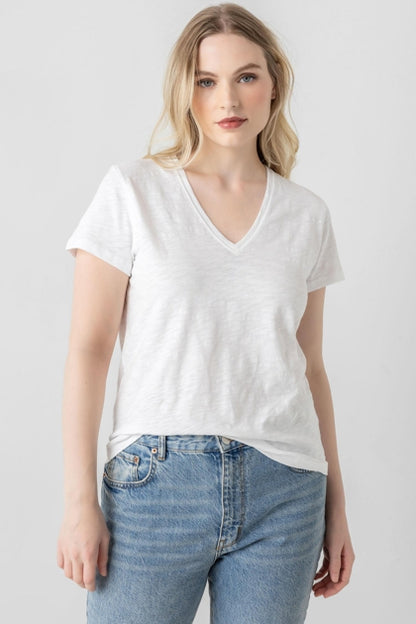 Short Sleeve V-Neck Back Seam Tee in white by Lilla P